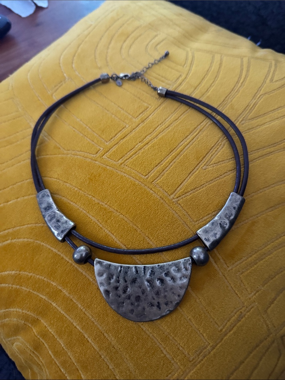 Handcrafted Hammered Metal Pendant Necklace in Brown and Silver